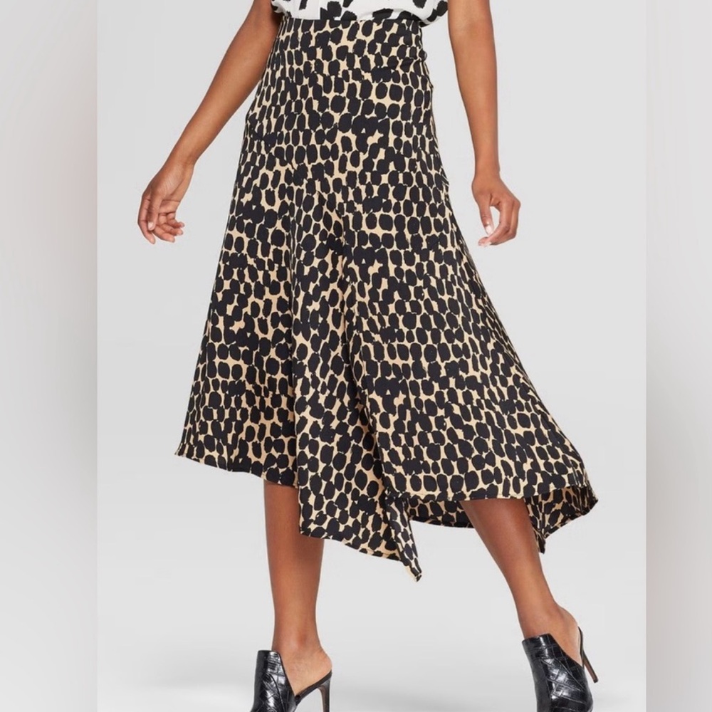 Who What Wear Asymmetric Hem Slip Black & Tan Polka Dot Skirt Size 6